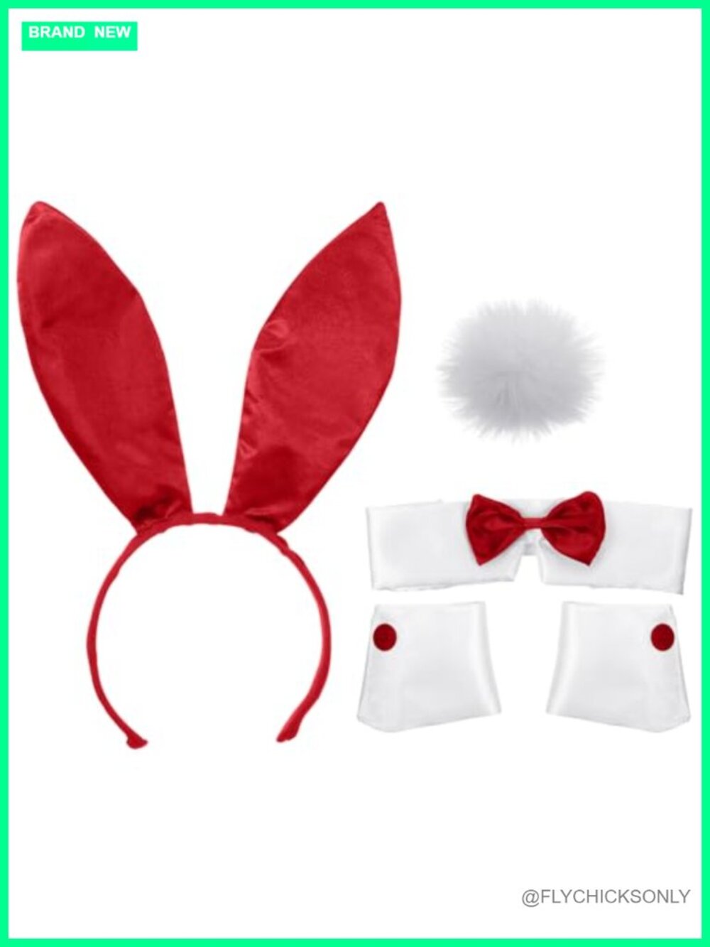 4 Piece Bunny Costume Set Satin Rabbit Ear Headband Collar Cuffs Tail